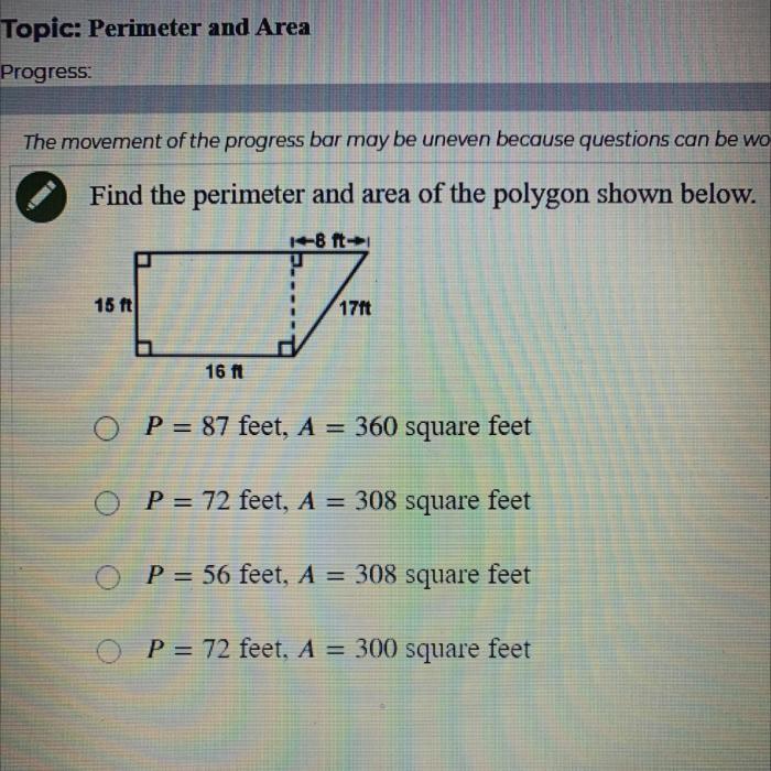 Find the perimeter and area of the polygon shown below.