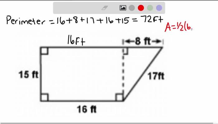 Find the perimeter and area of the polygon shown below.